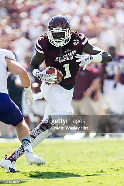 De'Runnya Wilson of the Mississippi State Bulldogs runs the ball against the Northwestern State Demons at Davis Wade Stadium on September 19, 2015 in...