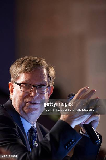 Nobel laureate George Fitzgerald Smoot speaks during the conference "Mapas del Universo. Su historia" as part of the 43° Edition of International...