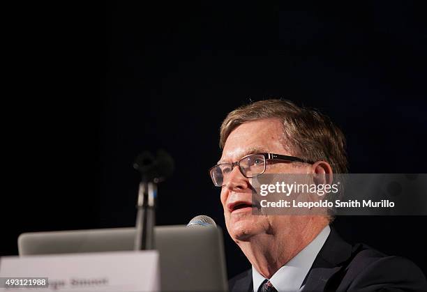 Nobel laureate George Fitzgerald Smoot looks on during the conference "Mapas del Universo. Su historia" as part of the 43° Edition of International...