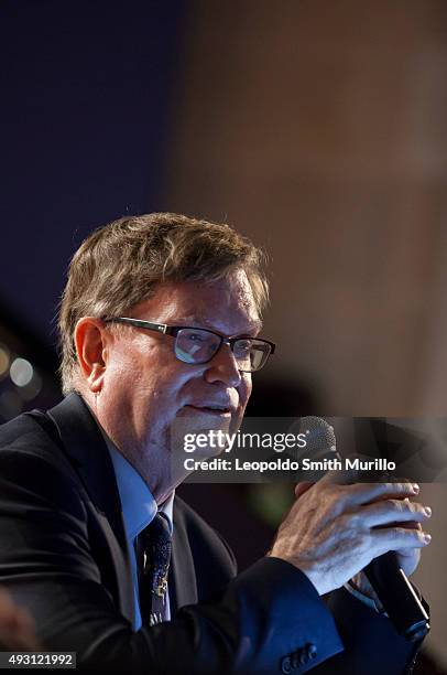 Nobel laureate George Fitzgerald Smoot speaks during the conference "Mapas del Universo. Su historia" as part of the 43° Edition of International...