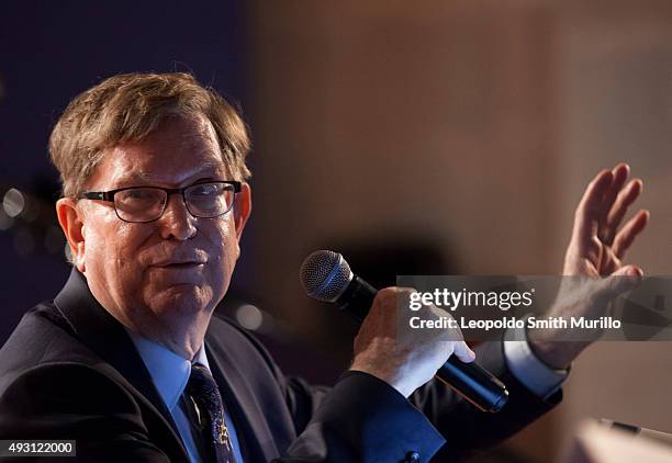 Nobel laureate George Fitzgerald Smoot speaks during the conference "Mapas del Universo. Su historia" as part of the 43° Edition of International...