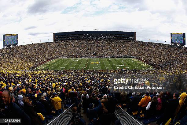 General view as the Michigan Wolverines kick off to the Michigan State Spartans during the first quarter of the college football game at Michigan...