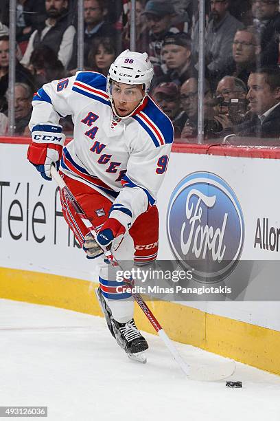 Emerson Etem of the New York Rangers skates with the puck during the NHL game against the Montreal Canadiens at the Bell Centre on October 15, 2015...