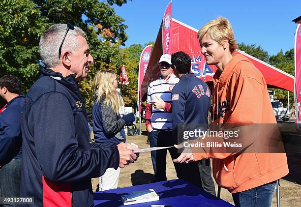 Olympian Dara Torres signs autographs during a Road to Rio Tour presented by Liberty Mutual Insurance event on October 17, 2015 at the Head of the...