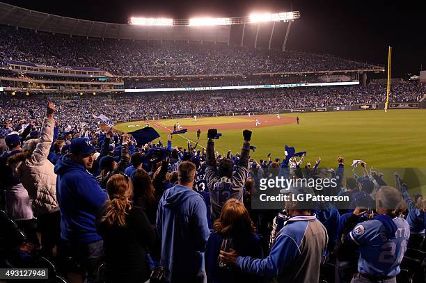 Kansas City Royals fans cheer during Game 1 of the ALCS against the Toronto Blue Jays at Kauffman Stadium on Wednesday, October 14, 2015 in Kansas...