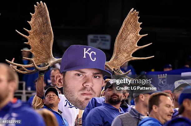 Kansas City Royals Fans are seen holding up moose antlers during Game 1 of the ALCS against the Toronto Blue Jays at Kauffman Stadium on Wednesday,...