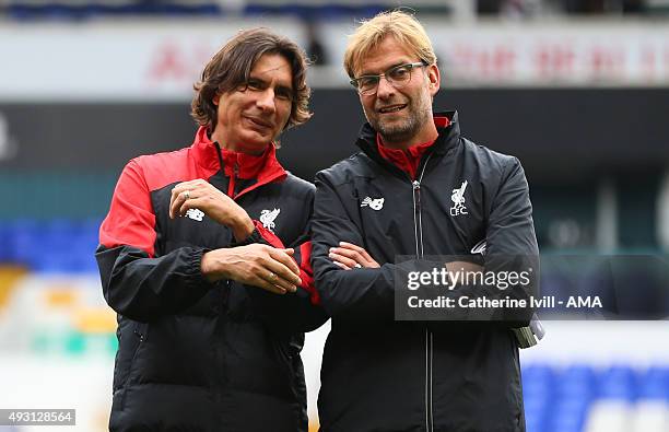 Jurgen Klopp manager of Liverpool and Zeljko Buvac assistant manager of Liverpool chat before the Barclays Premier League match between Tottenham...