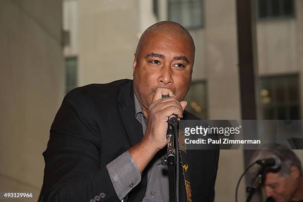 Former baseball player Bernie Williams performs on stage at the Delta Air Lines Presents New York Yankees Pinstripe Brunch Hosted By Josh Capon...