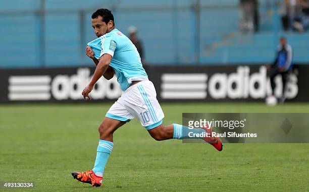 Renzo Sheput of Sporting Cristal celebrates after scoring the second goal of his team against Deportivo Municipal during a match between Sporting...