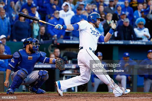 Alex Gordon of the Kansas City Royals hits an RBI double to score Mike Moustakas of the Kansas City Royals in the seventh inning against the Toronto...