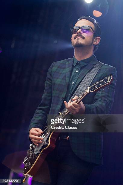 Billy Mendez guitarrist of Mexican pop rock band Motel perfoms during '40 Principales Awards' 2014 at Azteca Stadium on May 21, 2014 in Mexico City,...