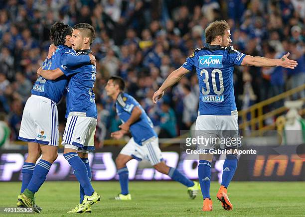 Fabian Vargas of Millonarios celebrates with his teammates after scoring the first goal of his team during a match between Millonarios and Jaguares...