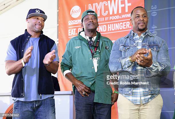 Former football players Laveranues Coles, Wesley Walker, and Erik Coleman attend Jets + Chefs: The Ultimate Tailgate hosted by Joe Namath and Mario...
