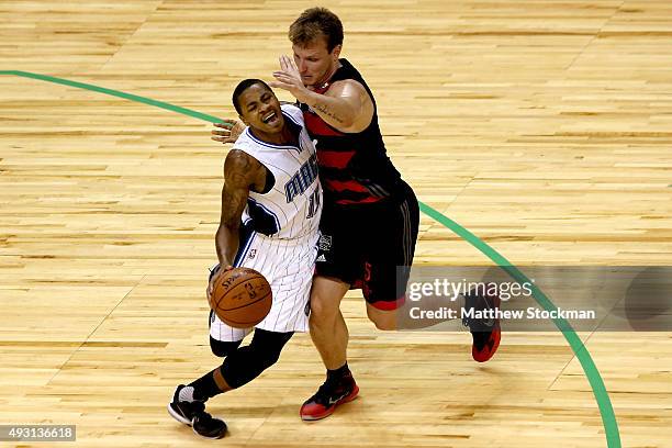 Keith Appling of the Orlando Magic is guarded by Rafael Freire Luz of C.R. Flamengo during a NBA Global Games Rio 2015 match at HSBC Arena on October...