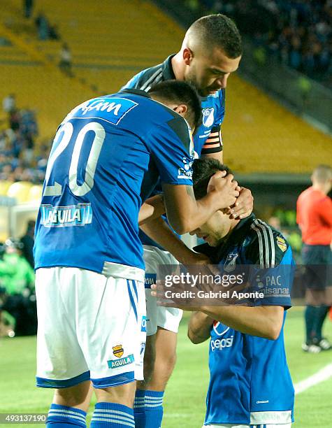 Jonathan Agudelo of Millonarios celebrates after scoring the second goal of his team during a match between Millonarios and Jaguares FC as part of...