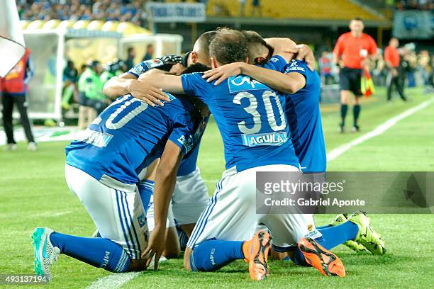 Jonathan Agudelo of Millonarios celebrates with his teammates after scoring the second goal of his team during a match between Millonarios and...