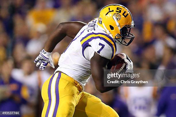Leonard Fournette of the LSU Tigers runs for a first down against the Florida Gators at Tiger Stadium on October 17, 2015 in Baton Rouge, Louisiana.