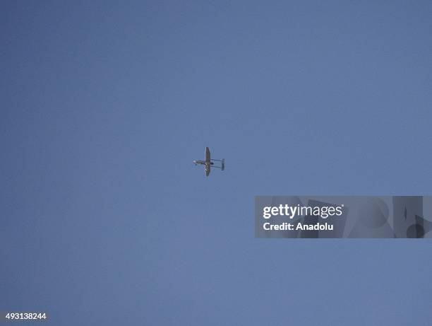 Drone belonging to Syrian regime forces flies over the village of Al-Hader west of Aleppo, Syria, after Russian air stikes on October 18, 2015.