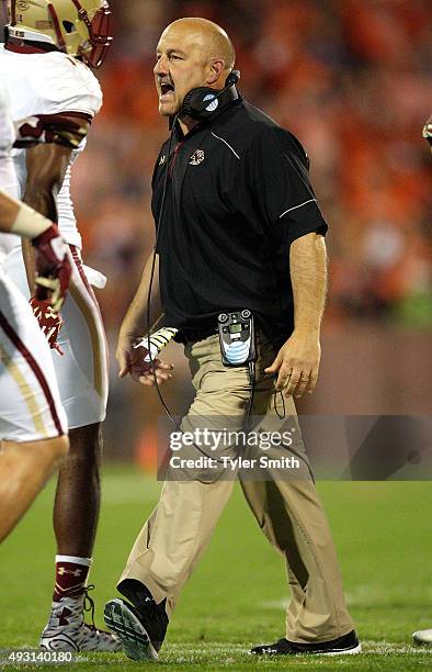 Head Coach Steve Addazio of the Boston College Eagles calls out to his players after a play during the game against the Clemson Tigers at Memorial...