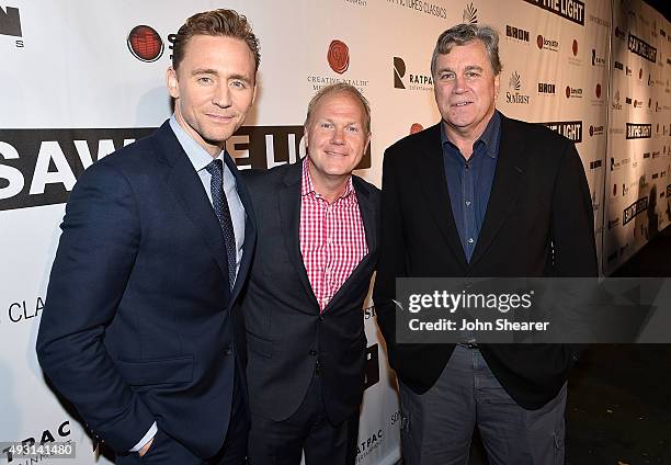 From left, actor Tom Hiddleston, CEO of Sony/ATV Music Publishing Troy Tomlinson, and Co-President of Sony Pictures Classics Tom Bernard attend the...