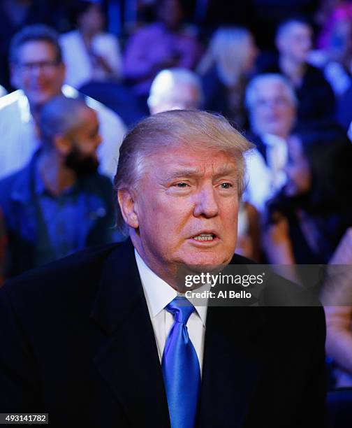 Presidential candidate Donald Trump attends the fight between Gennady Golovkin against David Lemieux for their WBA/WBC interim/IBF middleweight title...
