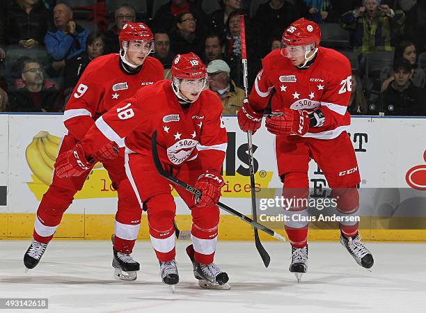 Blake Speers of the Sault Greyhounds celebrates a goal against the London Knights during an OHL game at Budweiser Gardens on October 17, 2015 in...