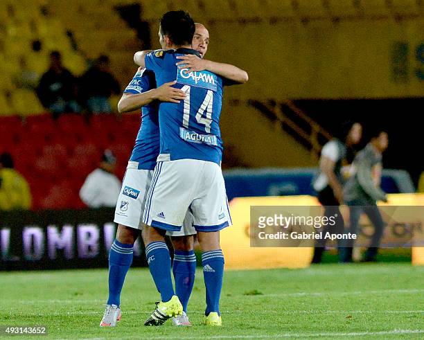David Silva of Millonarios celebrates with his teammate after a match between Millonarios and Jaguares FC as part of round 16 of Liga Aguila II 2015...