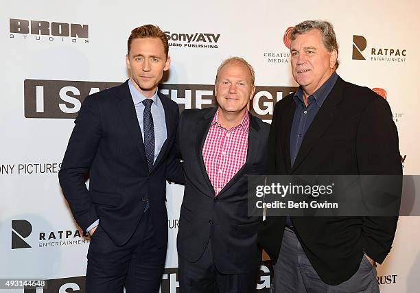 Tom Hiddleston, Troy Tomlinson and Tom Bernard attend the Nashville premiere of "I Saw the Light" at The Belcourt Theatre on October 17, 2015 in...