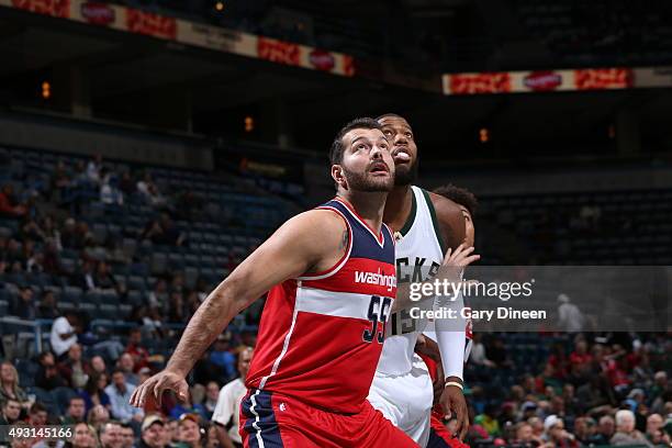 Milwaukee, WI Josh Harrellson of the Washington Wizards boxes out against the Milwaukee Bucks during a preseason game on October 17, 2015 at the BMO...