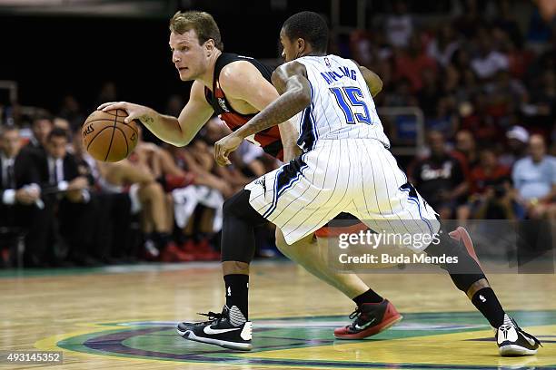 Keith Appling of the Orlando Magic guards Rafael Freire Luz of C.R. Flamengo during a NBA Global Games Rio 2015 match at HSBC Arena on October 17,...