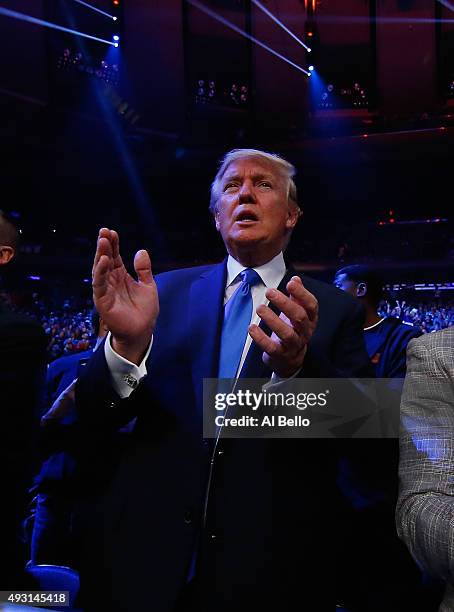 Presidential candidate Donald Trump attends the fight between Gennady Golovkin against David Lemieux for their WBA/WBC interim/IBF middleweight title...