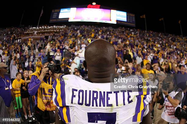 Leonard Fournette of the LSU Tigers walks off the field after defeating the Florida Gators 35-28 at Tiger Stadium on October 17, 2015 in Baton Rouge,...