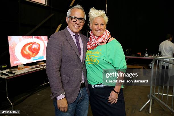 Chefs Geoffrey Zakarian and Anne Burrell attend the Grand Tasting presented by ShopRite featuring Samsung culinary demonstrations presented by...