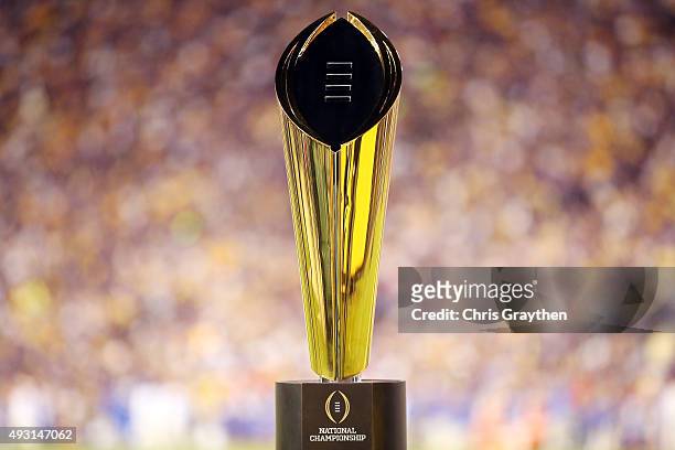 College Football Playoff National Championship Trophy presented by Dr Pepper is seen at Tiger Stadium on October 17, 2015 in Baton Rouge, Louisiana.