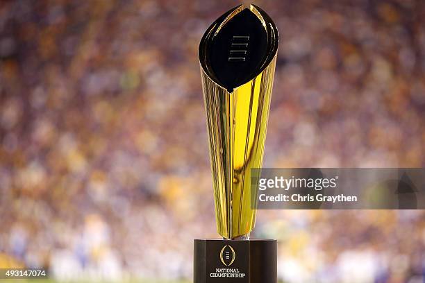 College Football Playoff National Championship Trophy presented by Dr Pepper is seen at Tiger Stadium on October 17, 2015 in Baton Rouge, Louisiana.