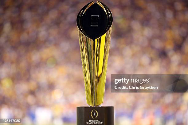 College Football Playoff National Championship Trophy presented by Dr Pepper is seen at Tiger Stadium on October 17, 2015 in Baton Rouge, Louisiana.