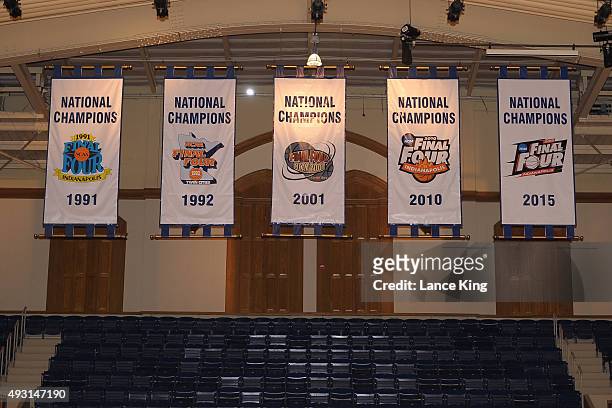 View of the Duke Blue Devils' National Championship banners from 1991 2001, 2010 and 2015 during Countdown to Craziness at Cameron Indoor Stadium on...