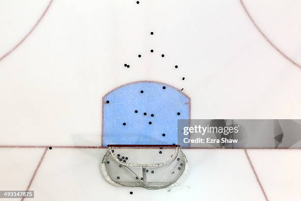 General view of the net and pucks during pregame before the San Jose Sharks game against the Los Angeles Kings in Game One of the First Round of the...