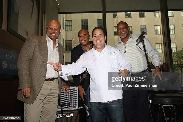 Chris Chambliss, Bernie Williams and Josh Capon and guest attend Delta Air Lines Presents New York Yankees Pinstripe Brunch Hosted By Josh Capon...
