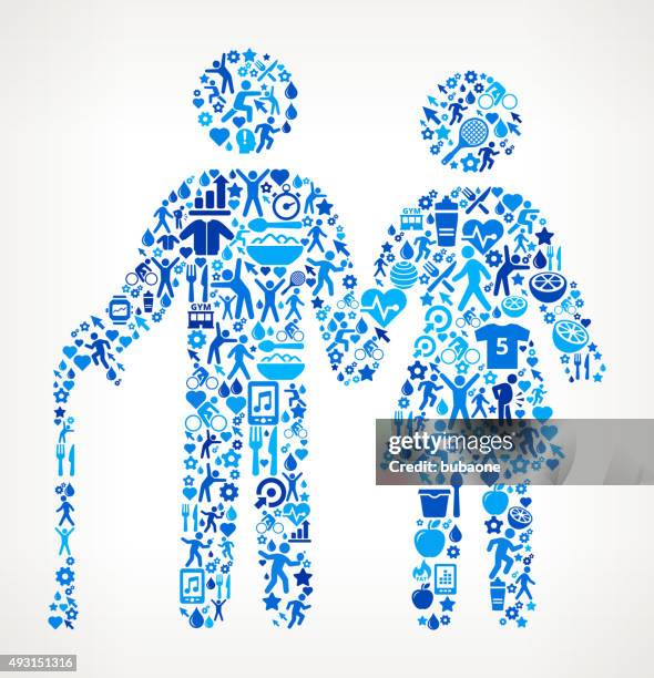 older couple fitness and diet icon pattern - elderly exercising stock illustrations
