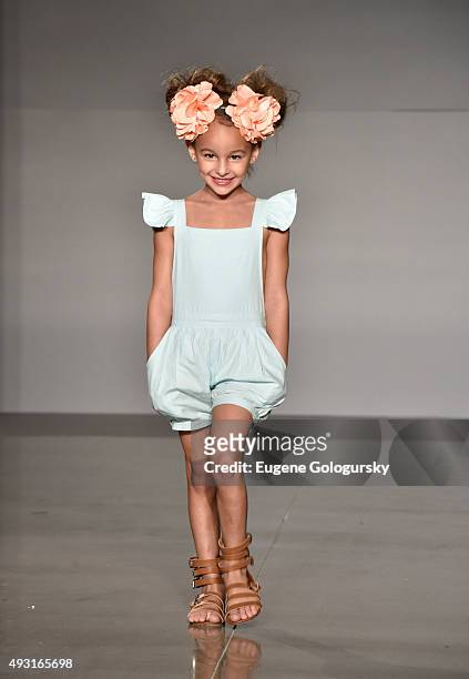 Model, wearing designs from marin morgan, at petitePARADE / Kids Fashion Week, NYC October 2015 at Spring Studios on October 17, 2015 in New York...