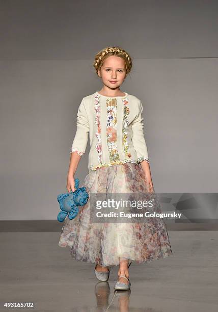 Model, wearing designs from Olvi's, at petitePARADE / Kids Fashion Week, NYC October 2015 at Spring Studios on October 17, 2015 in New York City.