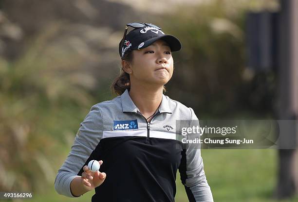 Lydia Ko of New Zealand reacts after a putt on the 2nd green during round four of the LPGA KEB HanaBank on October 18, 2015 in Incheon, South Korea.