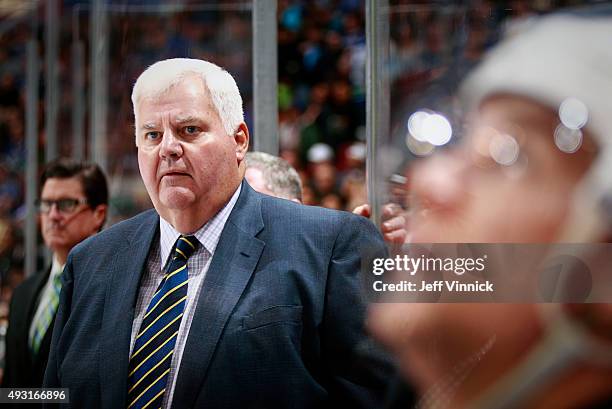 Head coach Ken Hitchcock of the St. Louis Blues looks on from the bench during their NHL game against the Vancouver Canucks at Rogers Arena October...