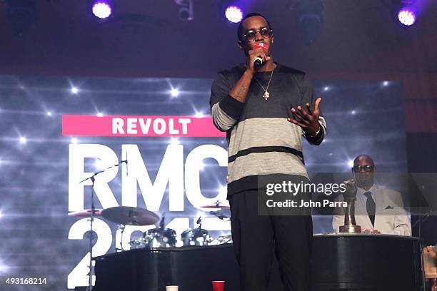 Puff Daddy and CEO of Motown Records, Andre Harrell onstage at the closing gala of the 2015 Revolt Music Conference at Fontainebleau Miami Beach on...