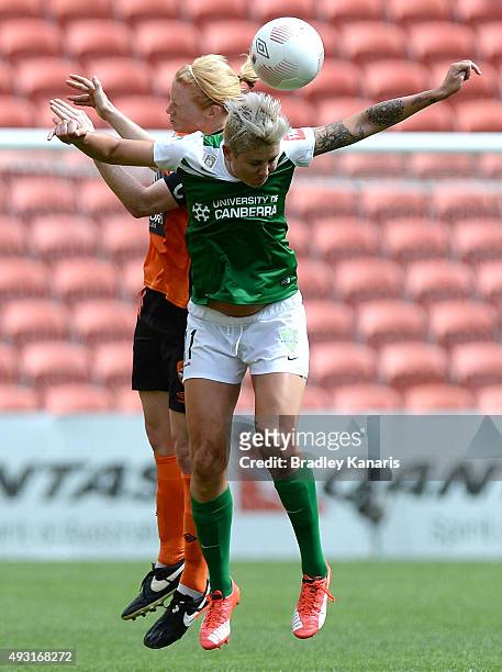 Clare Polkinghorne of the Roar and Michelle Heyman of Canberra compete for the ball during the round one W-League match between the Brisbane Roar and...