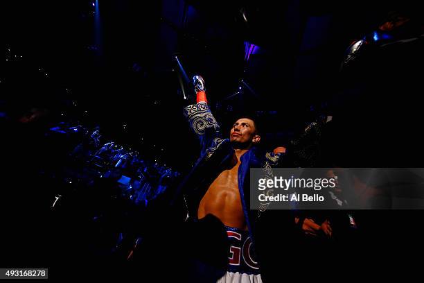 Gennady Golovkin enters the ring against David Lemieux during their WBA/WBC interim/IBF middleweight title unification bout at Madison Square Garden...