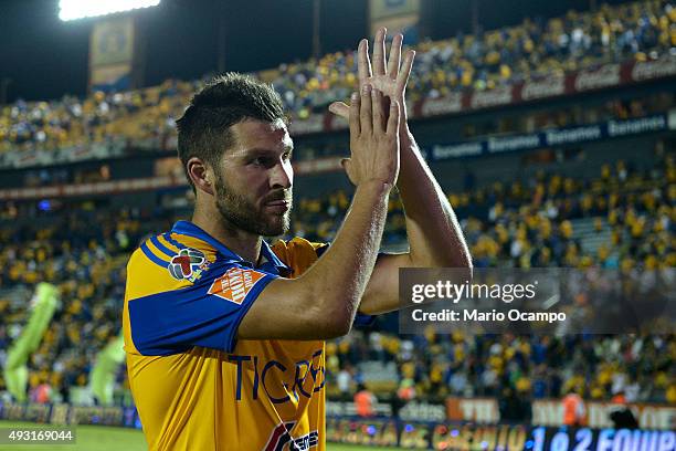 Andre Gignac of Tigres greets fans at the end of the 13th round match between Tigres UANL and Pachuca as part of the Apertura 2015 Liga MX at...