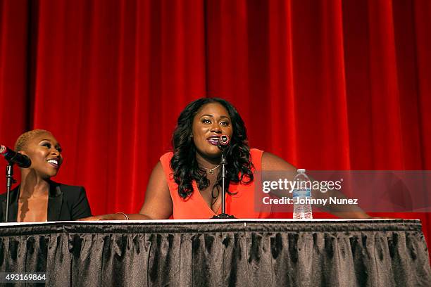 Cynthia Erivo and Danielle Brooks speak onstage at the 2015 Circle Of Sisters Expo at Jacob Javitz Center on October 17 in New York City.