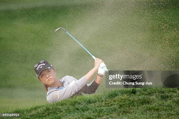 Lydia Ko of New Zealand plays a bunker shot on the 9th hole during round four of the LPGA KEB HanaBank on October 18, 2015 in Incheon, South Korea.